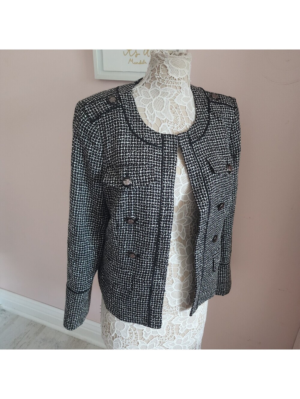 NWT WHBM White House Black Market Black White Tweed Jacket Blazer 12